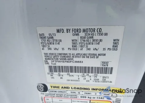 2013 Ford F-150 Xlt from USA, damaged, VIN 1FTFW1EF8DFC39553